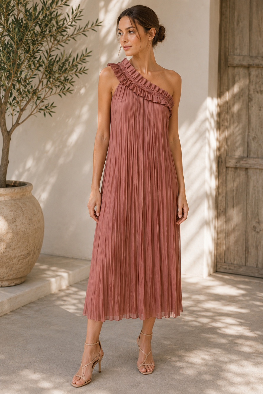 ULLA JOHNSON Jade Dress in Rose Pink Mauve 8 Satin Pleats One Shoulder Ruffle